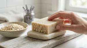 A person with sensitive skin using a gentle oatmeal shea bar soap in a bright bathroom setting.