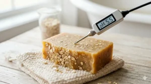 A detailed infographic showing a pH meter displaying 5.5 inserted into a bar of colloidal oatmeal and honey soap for babies, illustrating skin barrier protection.