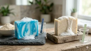 Comparison graphic showing the pH-balanced benefits of colloidal oatmeal soap versus harsh conventional cleansers.
