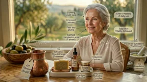 A lifestyle illustration of a smiling older woman with glowing, radiant skin achieved by using olive oil soap for aging skin.
