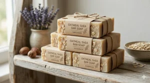 A stack of handmade oatmeal shea bar soaps wrapped in eco-friendly paper packaging.