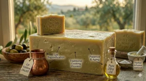 An infographic detailing the pure, natural ingredients of handmade olive oil soap for aging skin care.