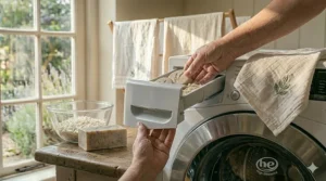 An illustration of a modern high-efficiency washing machine with a green leaf icon, showing liquid DIY detergent made from lye soap for laundry being poured into the dispenser.