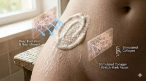 Illustrated steps showing how to lather and massage cocoa butter soap onto stretch mark-prone areas during a shower.