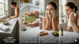 A step-by-step skincare illustration demonstrating how to lather and gently apply EVOO soap for face cleansing.