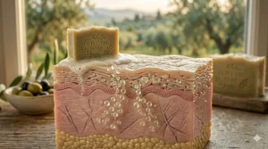 A diagram illustrating olive oil soap deeply hydrating dry, aging skin and restoring the natural moisture barrier.