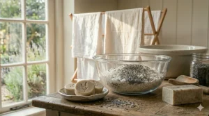 A gentle illustration of freshly washed baby clothes hanging on a clothesline next to a mild bar of unscented lye soap for laundry.