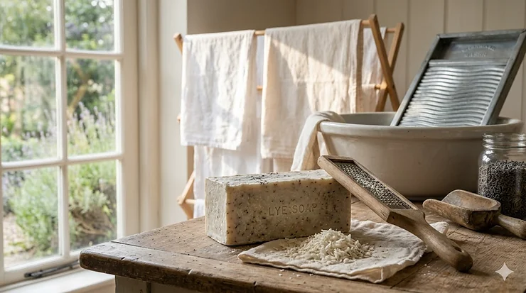 A rustic bar of handmade lye soap for laundry next to a grated pile of soap flakes on a wooden table, featuring a clean white cotton shirt in the background.