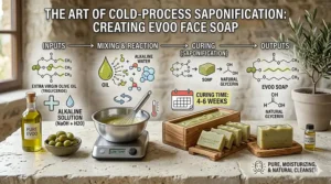 An illustrated guide to the traditional cold-process saponification of handmade EVOO soap for face and body use.