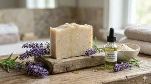 Colloidal oatmeal soap bar surrounded by lavender sprigs, emphasizing natural anti-inflammatory properties for skin scaling.