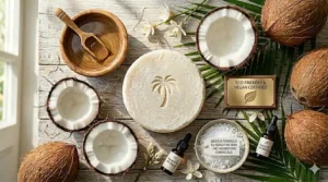 Illustration showing the versatility of virgin coconut oil soap for both facial cleansing and body washing.