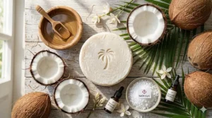 Flat lay illustration of raw virgin coconut oil, lye, and essential oils used in soap making.