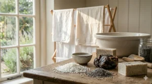 An illustration showing the natural ingredients used to make lye soap for laundry, including a bottle of oil, a bowl of lye water, and fresh herbs.