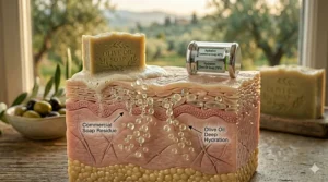 A comparison graphic showing gentle olive oil soap vs harsh chemical cleansers on sensitive, aging skin.