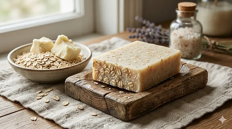 A rustic oatmeal shea bar soap resting on a wooden soap dish, surrounded by raw oats and chunks of shea butter.