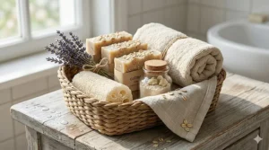 A spa-themed gift basket featuring oatmeal shea bar soaps, a cotton towel, and a loofah.