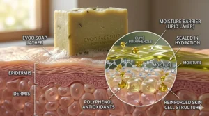 A diagram showing how using EVOO soap for face washing locks in moisture and protects the skin's natural lipid barrier.