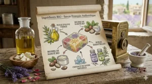 Graphic illustration of olive oil, shea butter, and essential oils used to make authentic French milled soap