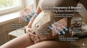 An illustration of a pregnant woman using natural cocoa butter soap to safely prevent pregnancy stretch marks.
