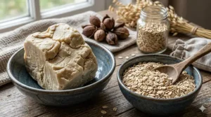 Close-up of organic raw shea butter and rolled oats used in oatmeal shea bar soap.