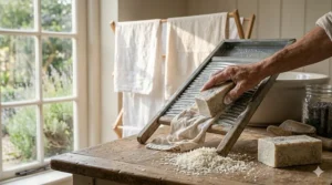 A vintage-style illustration of a woman using a traditional bar of lye soap for laundry on an old-fashioned metal washboard.