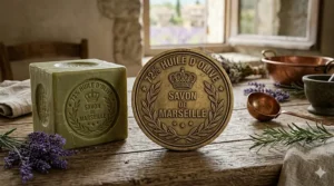 Illustrated icon of the classic Savon de Marseille cubic shape and authenticity stamp.