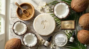 A green badge-style illustration emphasizing the vegan, organic, and biodegradable nature of the soap.
