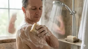 A person using an oatmeal soap bar in a warm shower to gently cleanse psoriasis-prone skin without irritation.