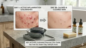 Illustrated progress timeline showing calmer, clearer skin after using a targeted acne bar soap.