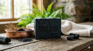 An illustration of a black activated charcoal natural bar soap for men, highlighting deep cleansing and detox benefits.