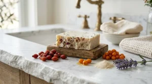 An illustration highlighting natural anti aging facial bar soap ingredients including nourishing oils, botanical extracts, and antioxidants.
