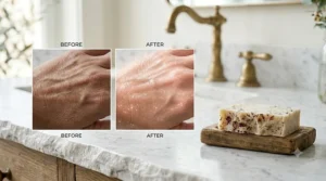 A split-screen illustration showing skin improvement and a youthful glow after consistent use of an anti aging facial bar soap.