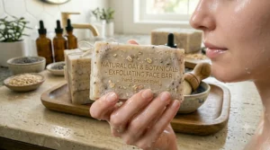A person holding a textured exfoliating face bar soap with rich lather next to their clean, wet skin.