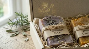 A top-down collection of four assorted natural bar soaps showing different textures and herbal ingredients included in the gift set.