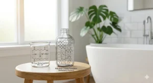 An illustrative graphic highlighting the different ingredients in bar soap versus body wash, showing traditional oils next to liquid surfactant formulas.