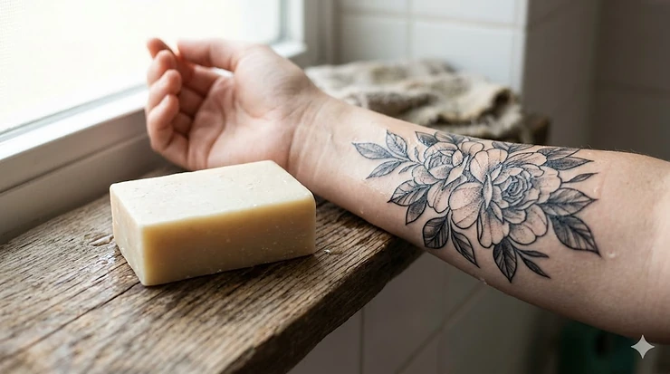 A gentle, fragrance-free bar soap for tattoo aftercare resting next to a healing floral arm tattoo.