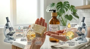 An illustrated guide dispelling myths about bacteria on bar soap, showing a clean soap bar on a self-draining soap saver dish.