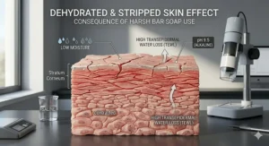 Graphic illustration showing dry, tight skin with a damaged moisture barrier caused by harsh facial soap.