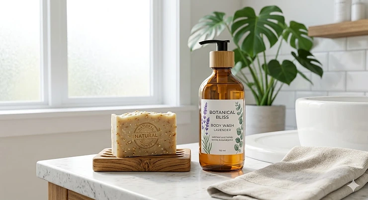 A side-by-side comparison of a natural bar of soap resting on a wooden dish next to a bottle of liquid body wash in a modern bathroom setting. bar soap vs body wash