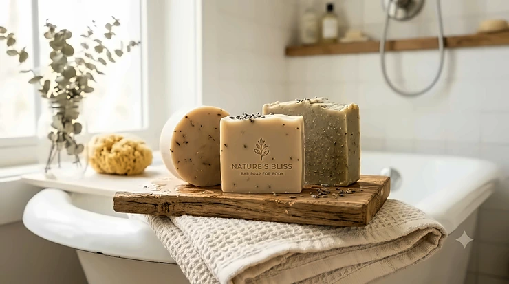A luxurious arrangement of natural bar soap for body care on a wooden dish next to a cotton towel.