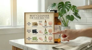 A helpful illustration matching bar soap and body wash options to different skin types, including