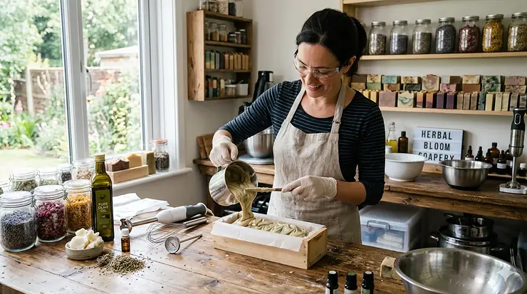A collection of cured natural soap bars handcrafted by cold process soap makers, displayed alongside raw botanicals and ingredients.