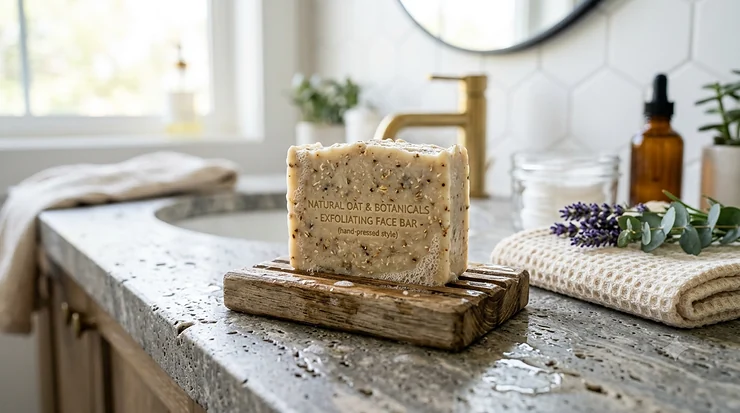 A natural exfoliating face bar soap with visible textured botanical particles resting on a wooden soap dish on a bathroom countertop.
