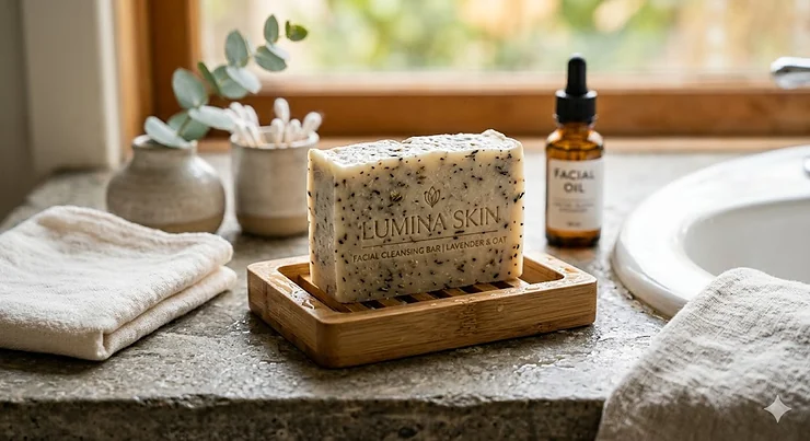 A premium natural facial cleansing bar resting on a bamboo soap dish next to fresh ingredients.