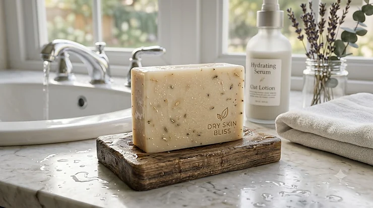 A premium moisturizing bar soap for dry skin sitting on a rustic wooden soap dish next to fresh ingredients.
