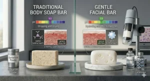 An infographic comparing the ingredients of traditional body bar soap versus a dedicated facial cleanser.