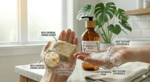A close-up illustration of rich, foamy lather being produced by a liquid body wash on a mesh shower loofah.