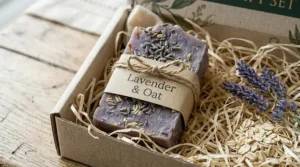 A botanical bar soap illustration surrounded by fresh lavender and chamomile flowers, perfect for a relaxing bath gift set.