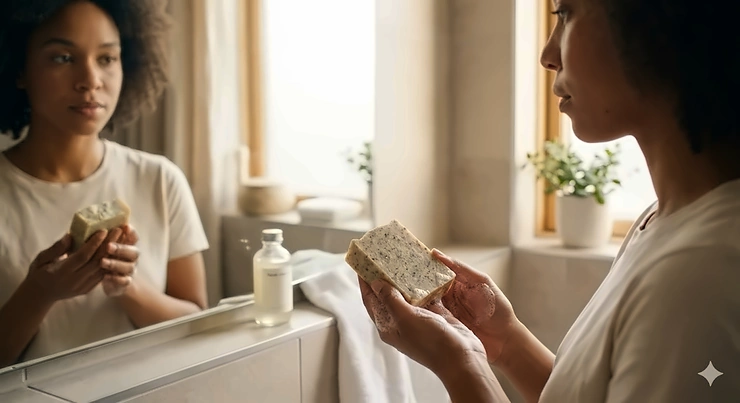 A woman holding a bar of soap in her bathroom, wondering if you can use bar soap on your face. can you use bar soap on face