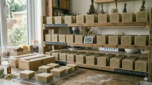 Rows of stamped natural soap bars arranged on a wooden curing rack with handwritten labels indicating batch varieties and curing start dates under controlled humidity.